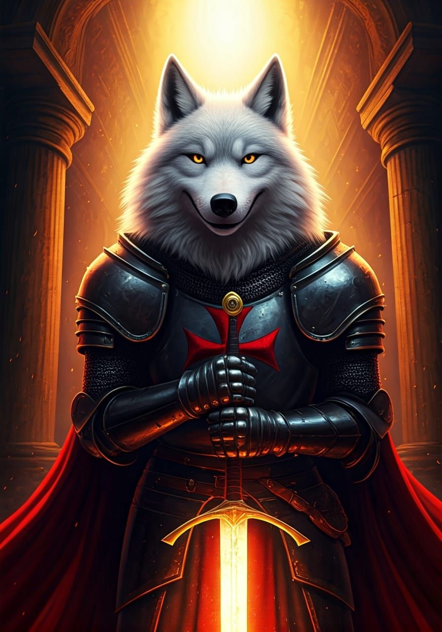 Templar Crusader and Wolf in Pixar Style