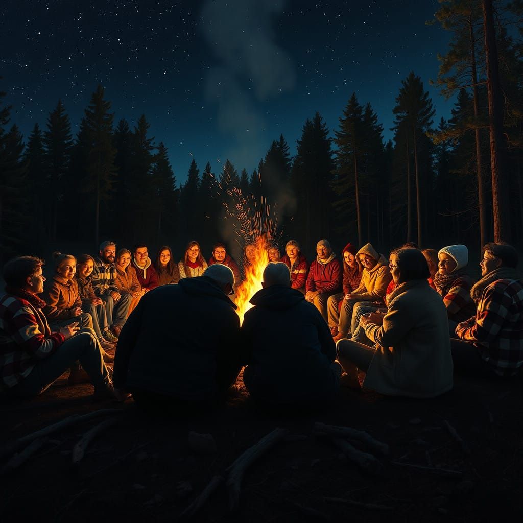 Friends Gather Around a Warm Bonfire on a Clear Winter Night