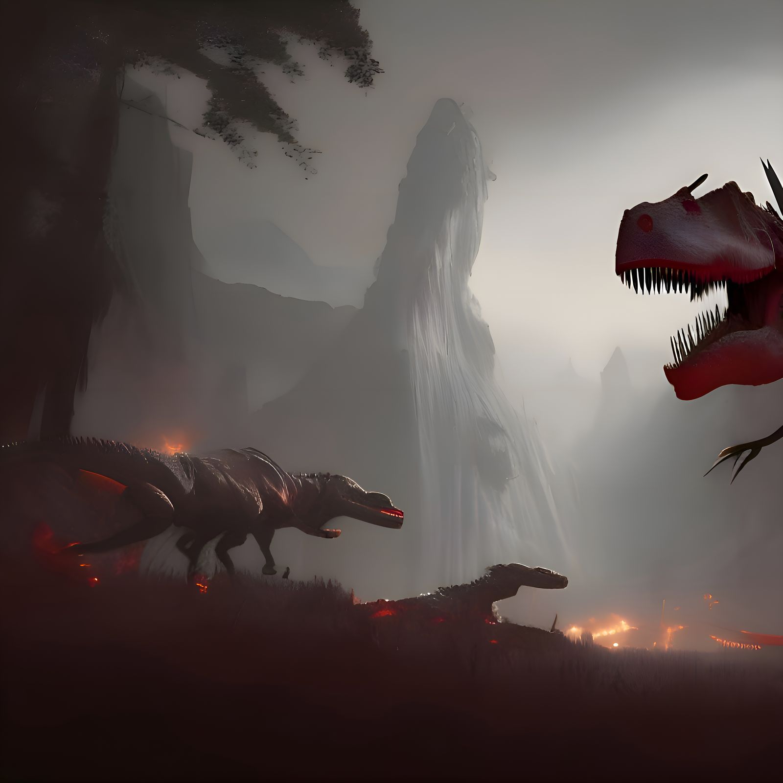 Dinosaur Killing Field in Dark Fantasy Style