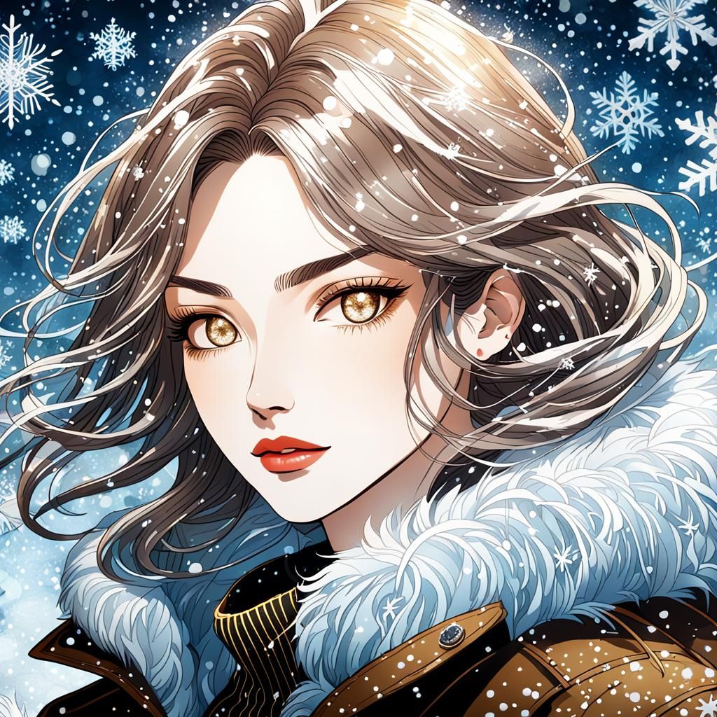 Anime Portrait of Muscular Woman in Winter Wonderland