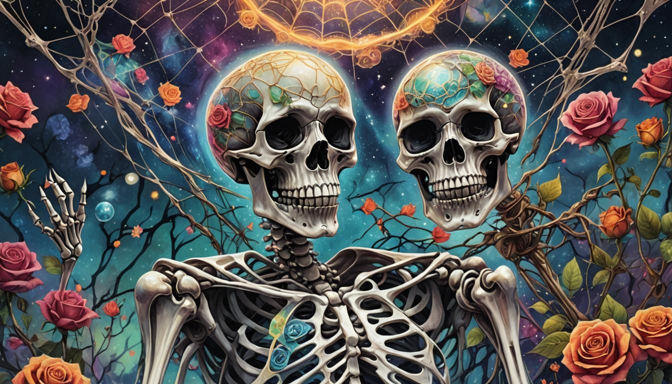 Astral Skeleton with Roses: Surreal Mixed Media Art