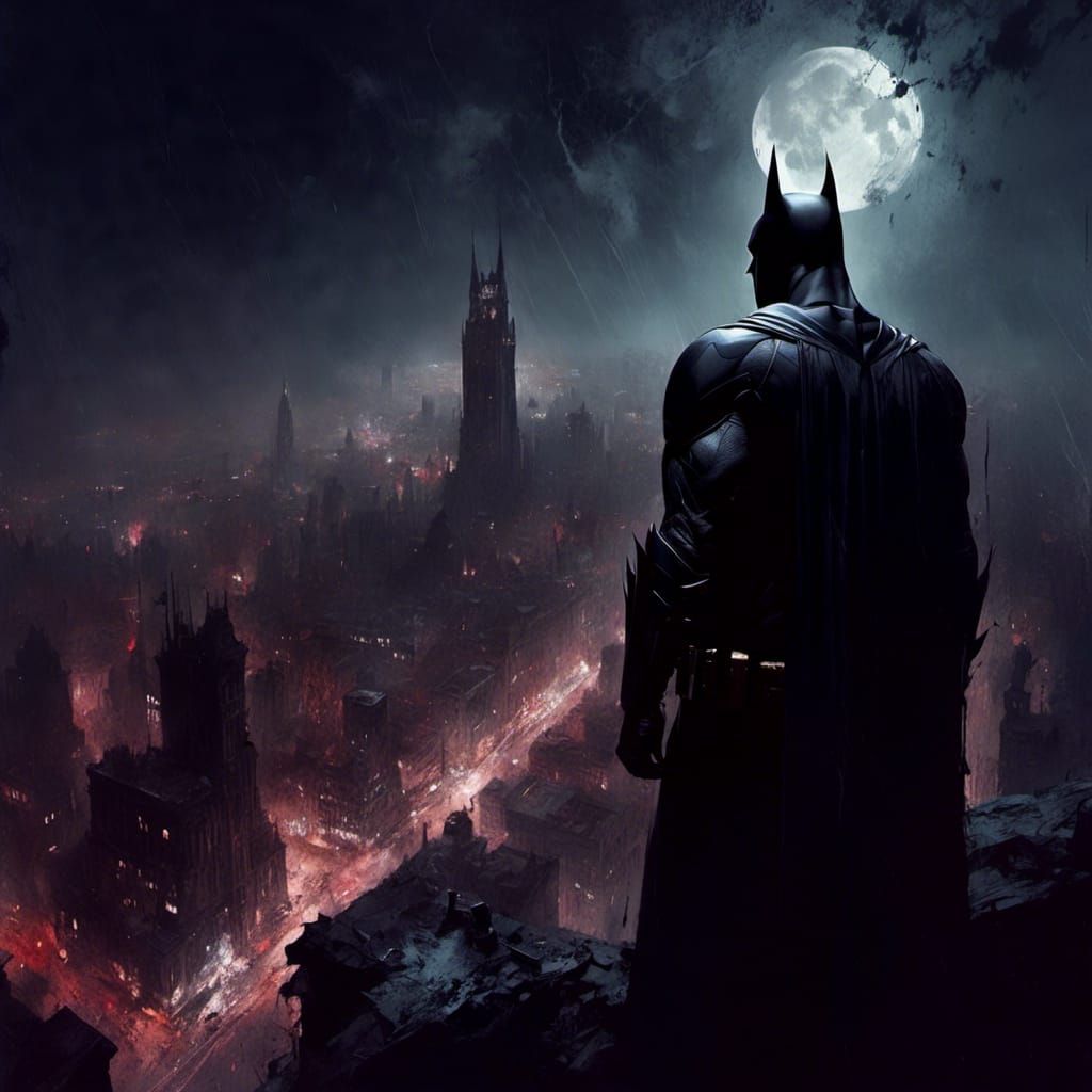 Batman Over Gotham City in Noir Ink Style
