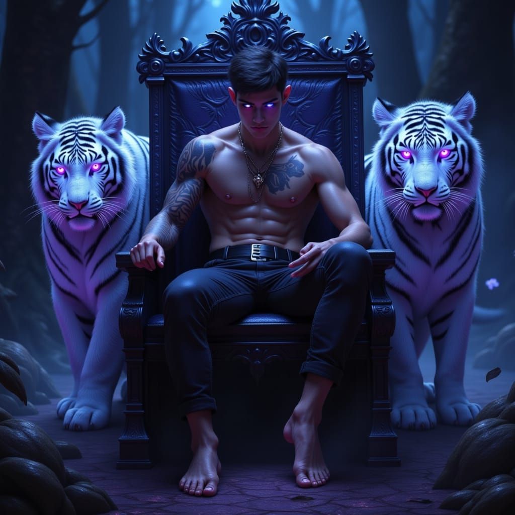 Drow Prince with White Tigers in Enchanted Forest