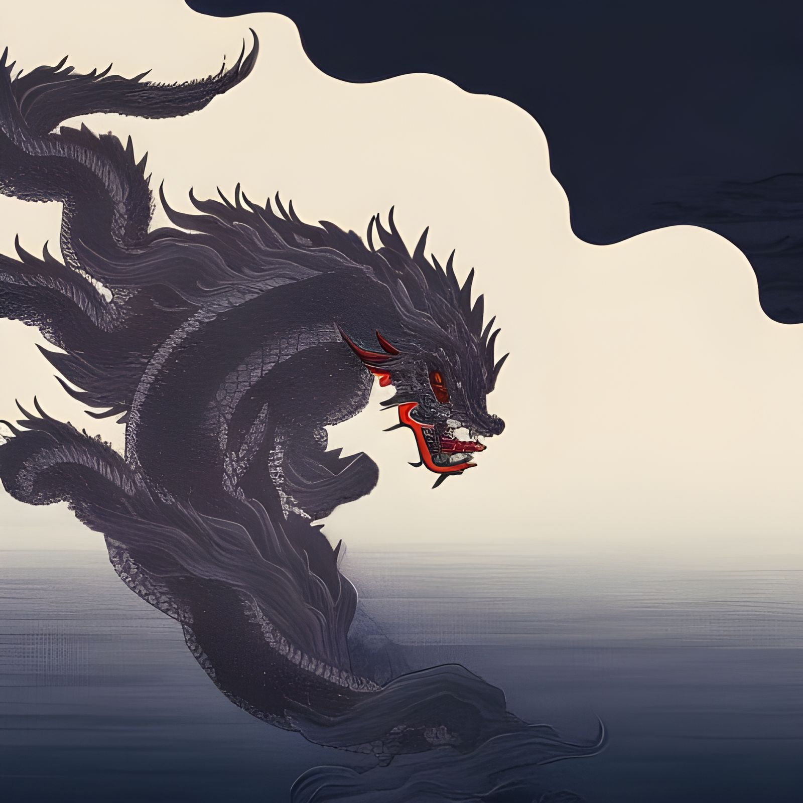 Black Dragon Soaring Through Misty Mountains in Anime Style