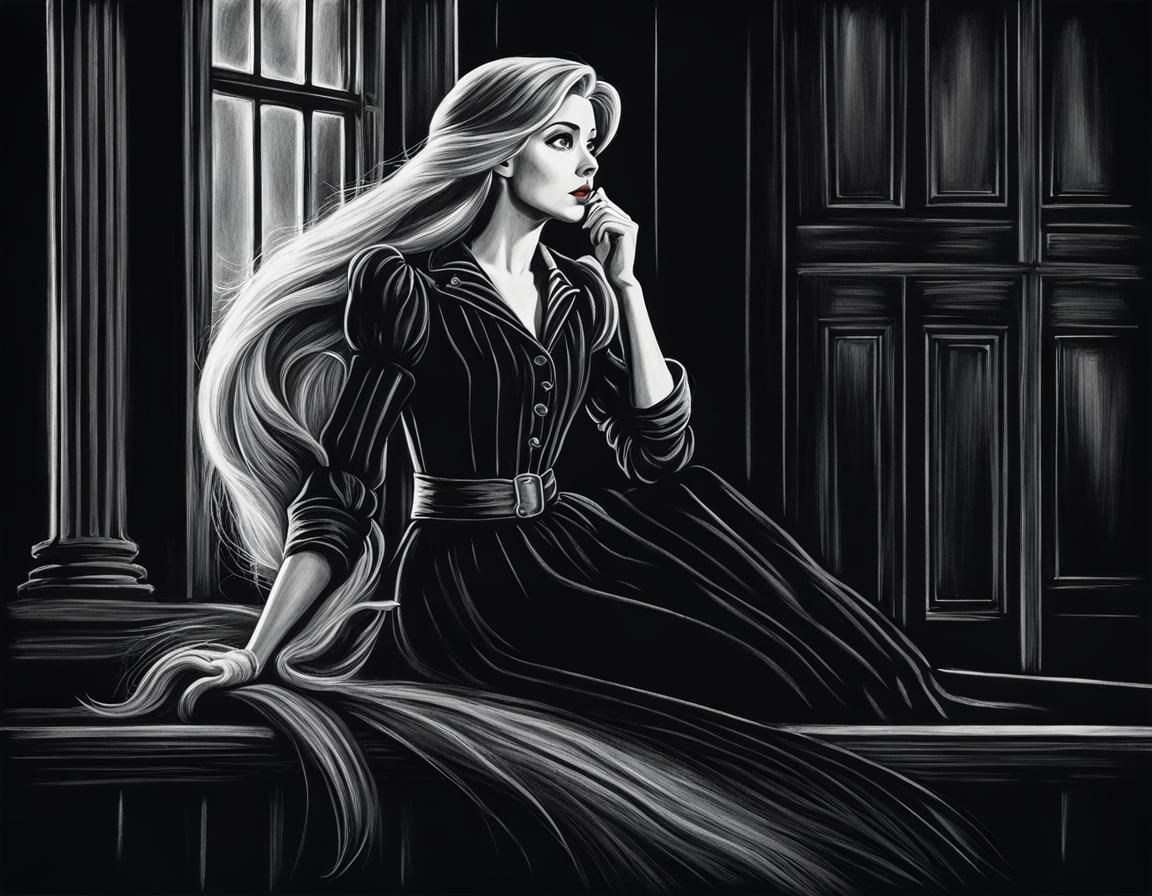 Rapunzel Chalk Portrait in Film Noir Style