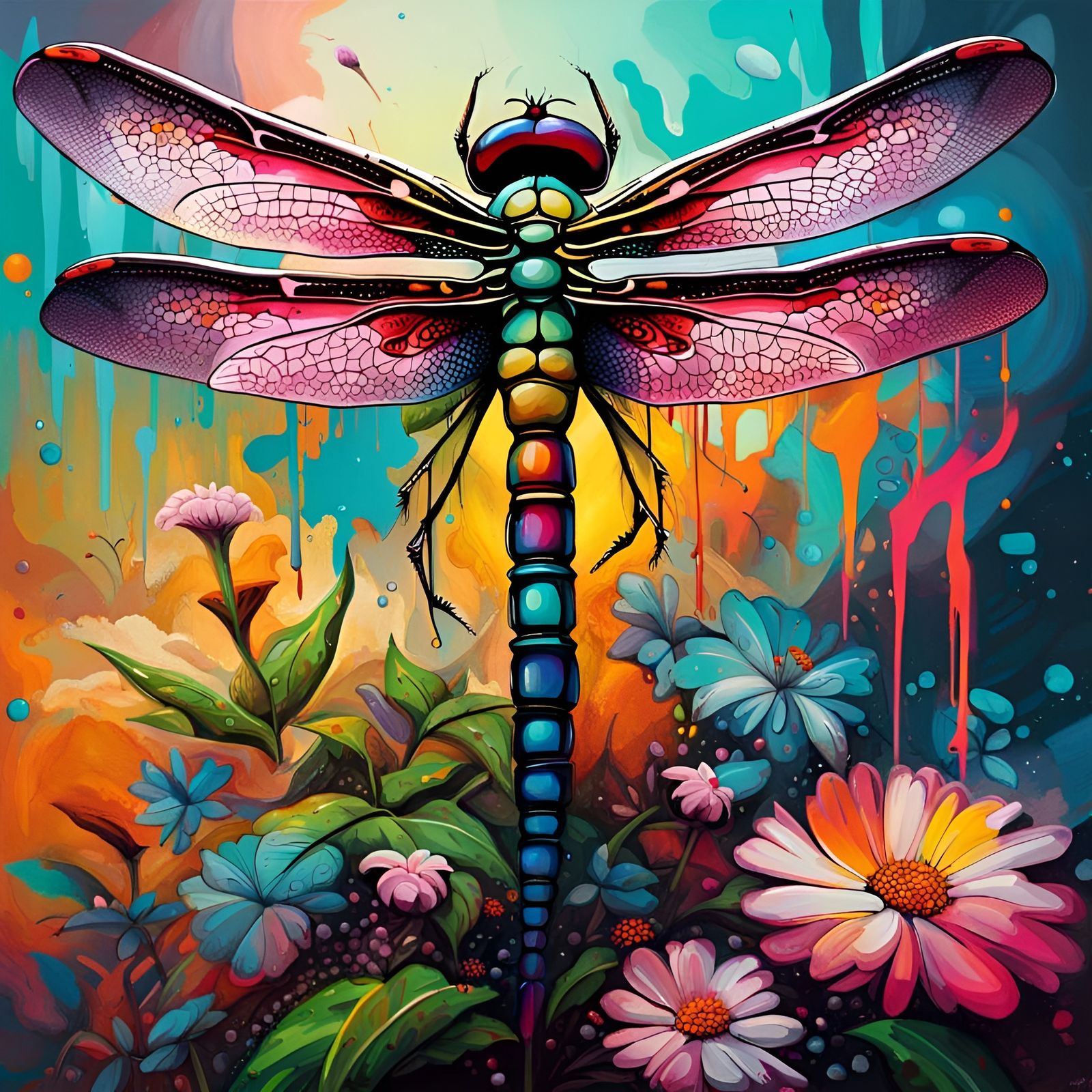 Dragonfly on Flower: Graffiti and Splash Art Style