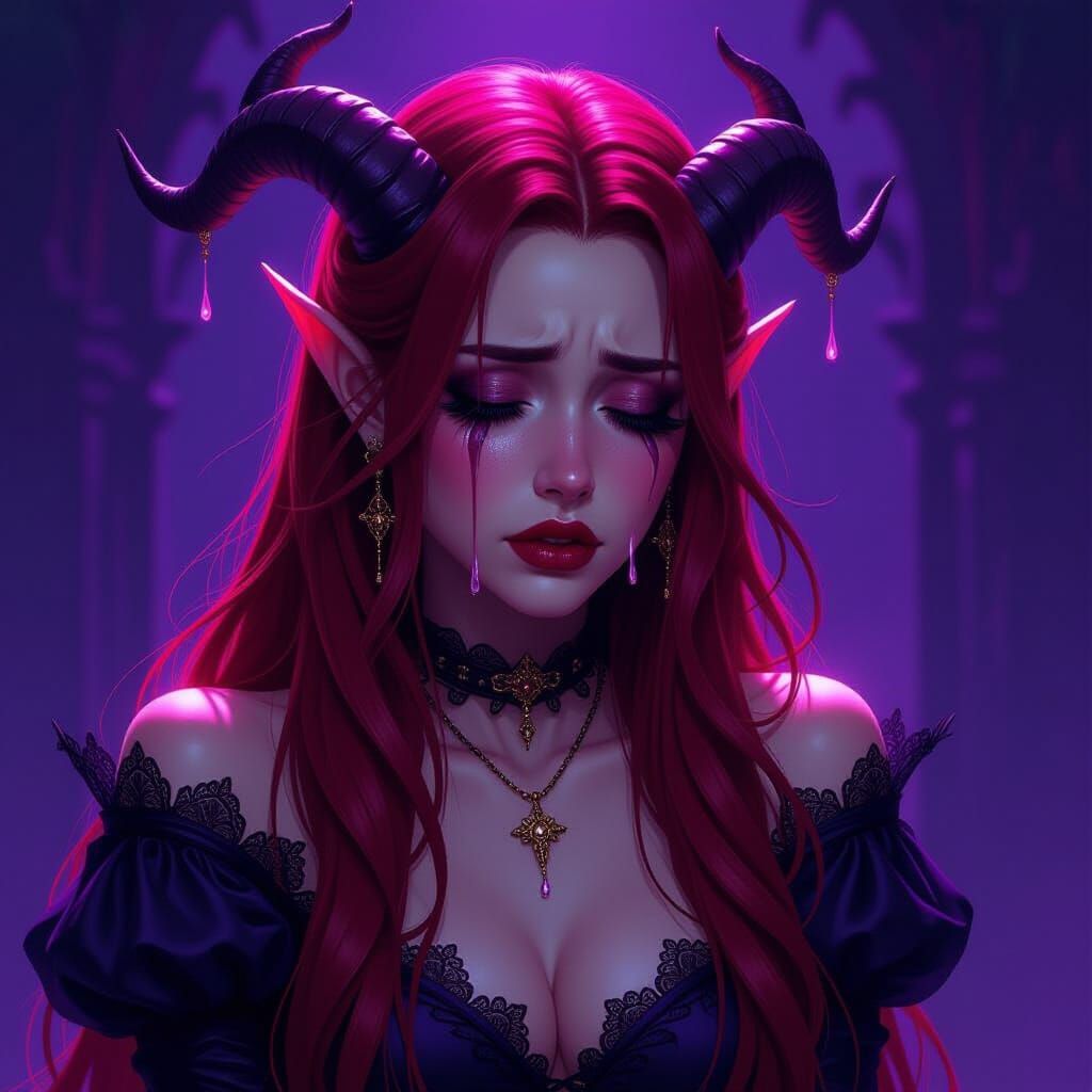 Melancholy Demon Princess Weeping in Purple Light