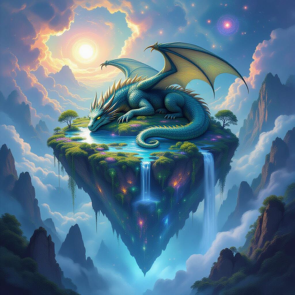 Ancient Dragon Sleeps on Bioluminescent Floating Island