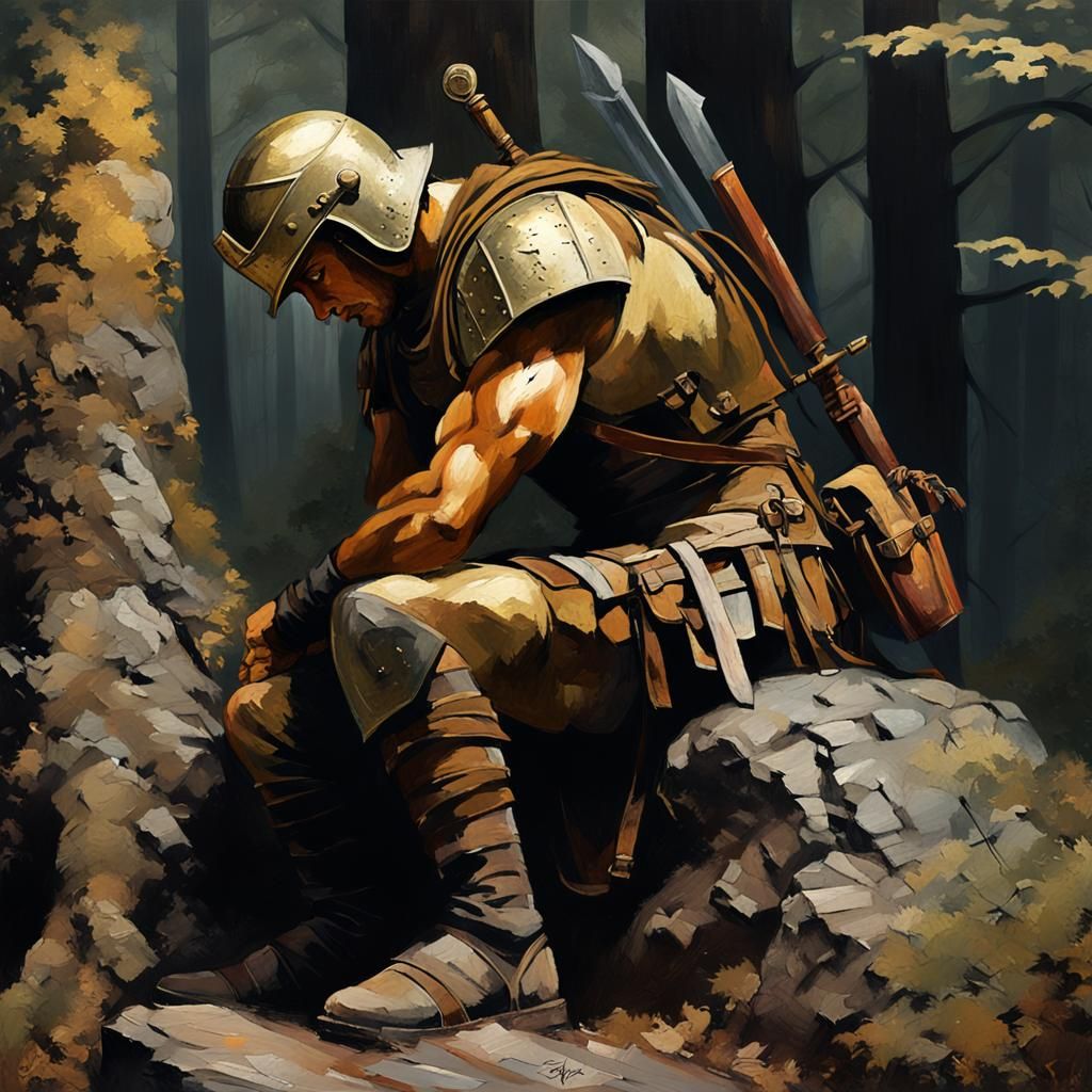 Roman Soldier Resting in Misty Forest as Impressionist Paint...