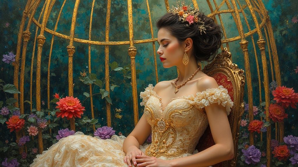 Woman in Gilded Cage: Afremov-inspired Impasto Art