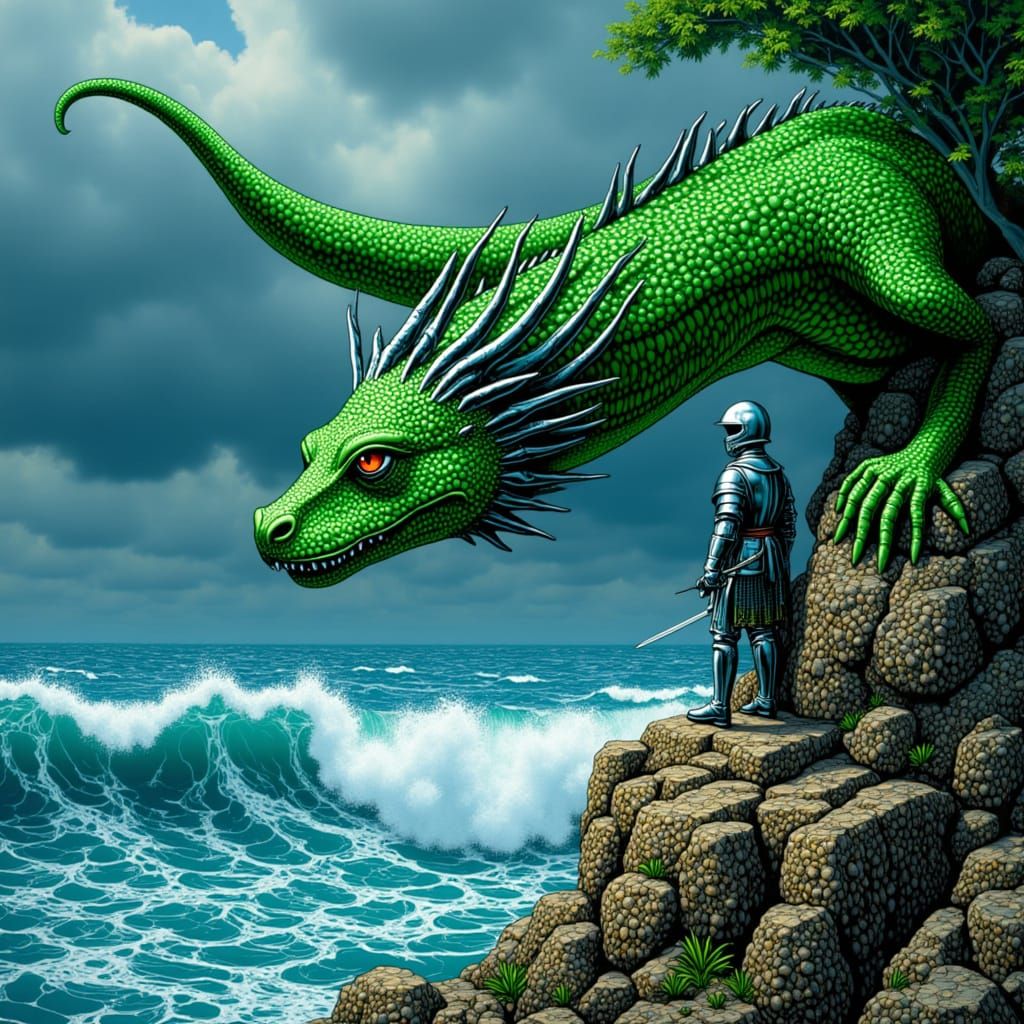 Emerald Dragon Meets Knight on Stormy Cliff
