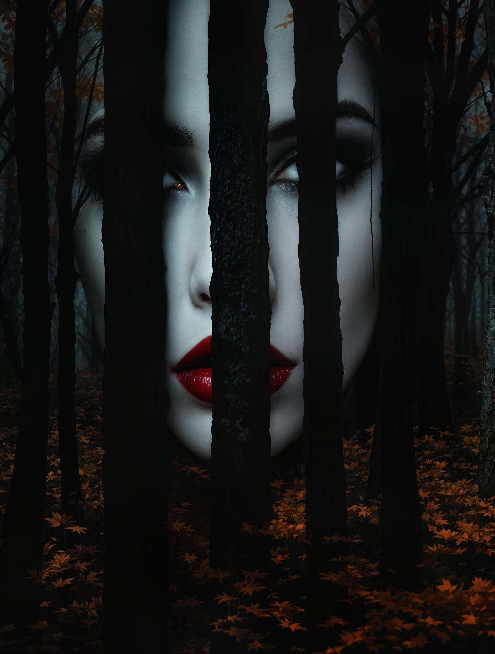 Mysterious Digital Portrait in a Haunting Autumn Landscape
