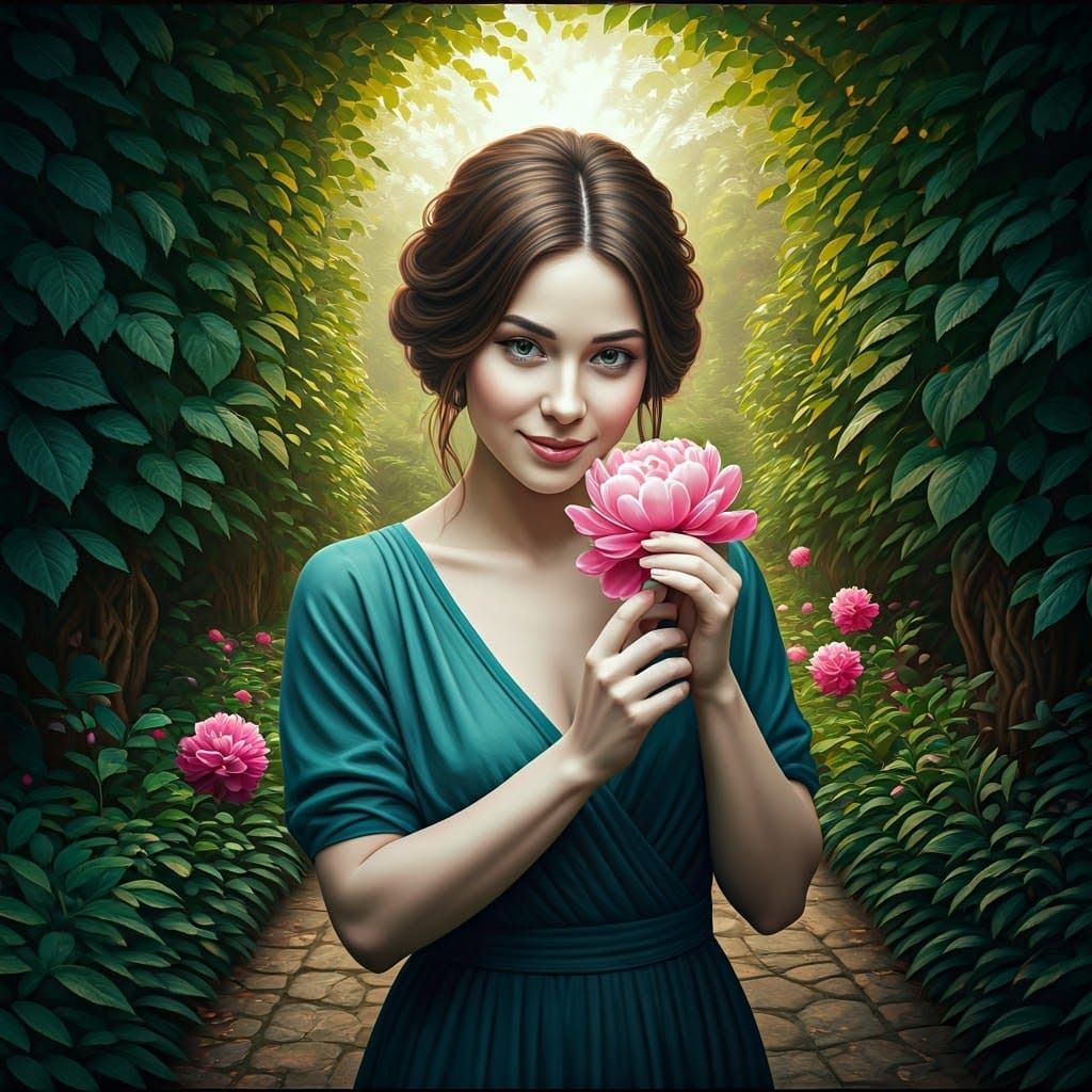 Whimsical Woman Surrounded by Lush Greenery and Soft Pink Bl...