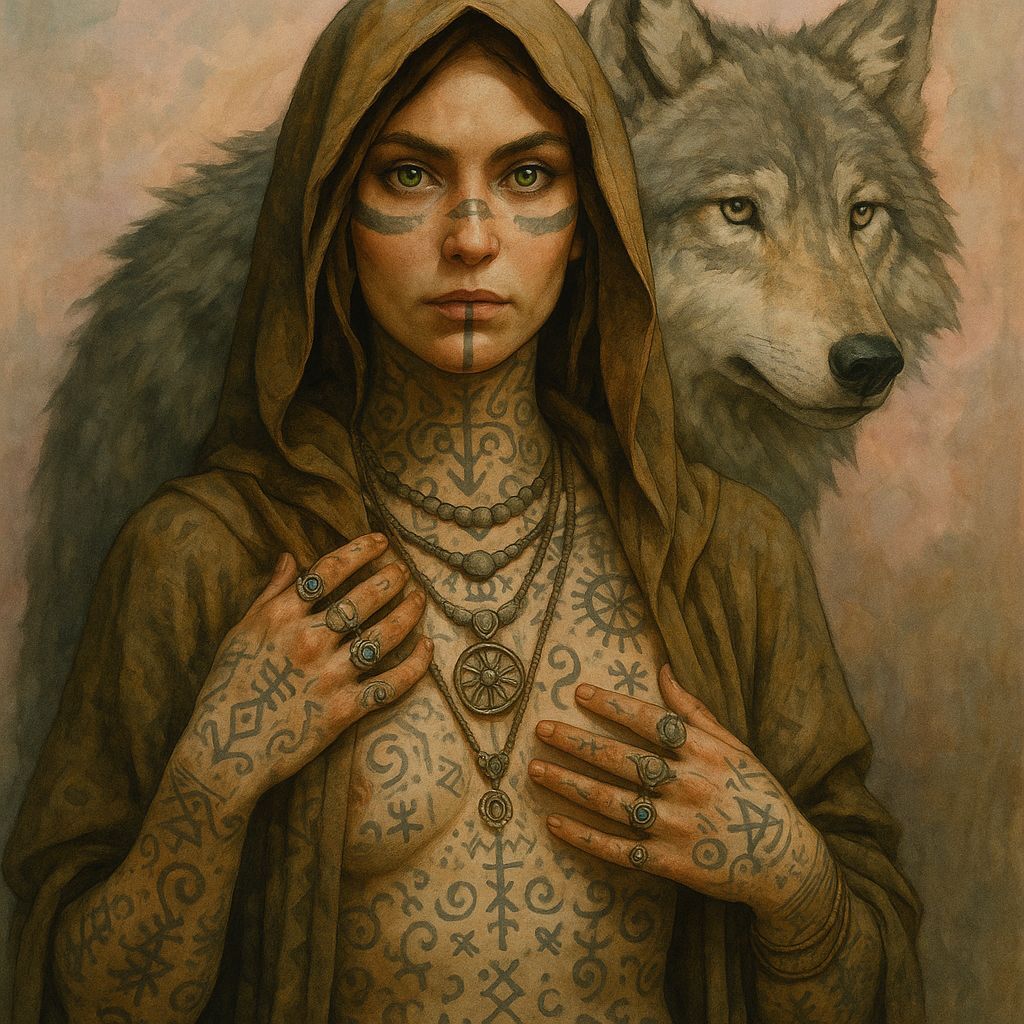 Mystical Warrior with Wolf Companion