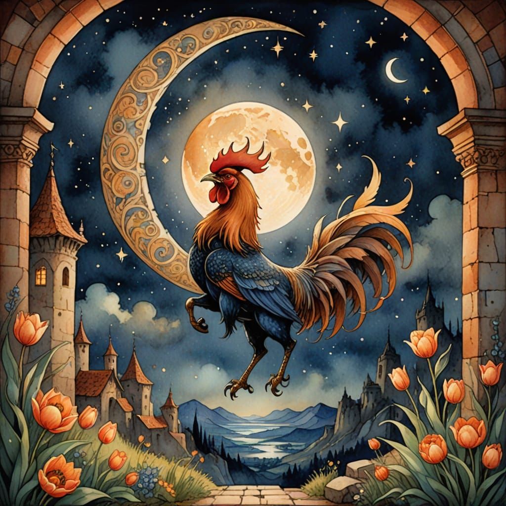 Ethereal Whimsy in Phrygia: Fairies Ride Roosters Amidst Anc...