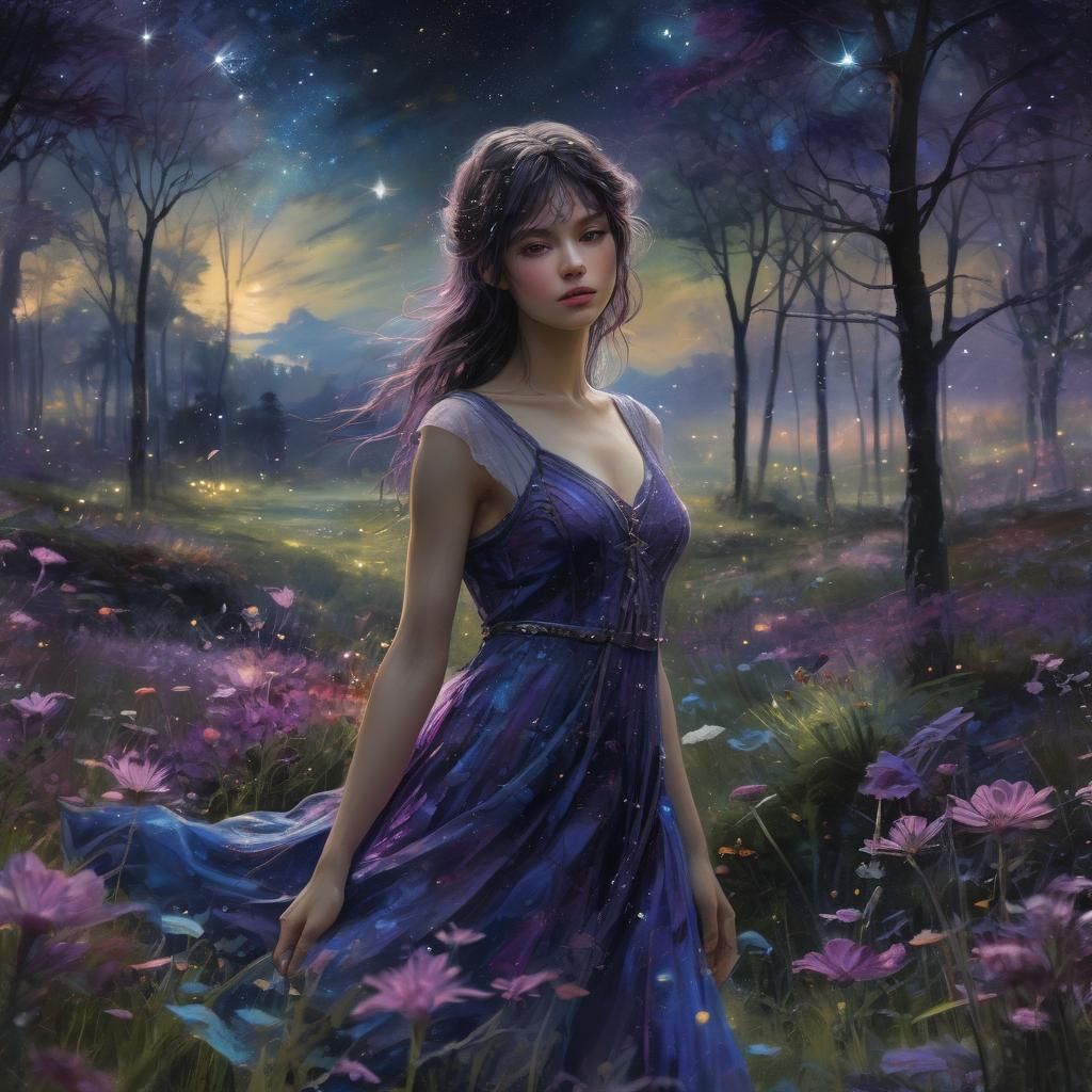 Glittering Firefly Field Under Starry Night Sky