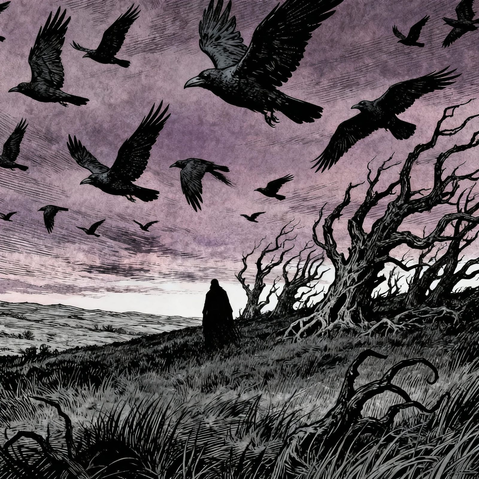 Crows Transform into Shadow Figures on a Windswept Moor