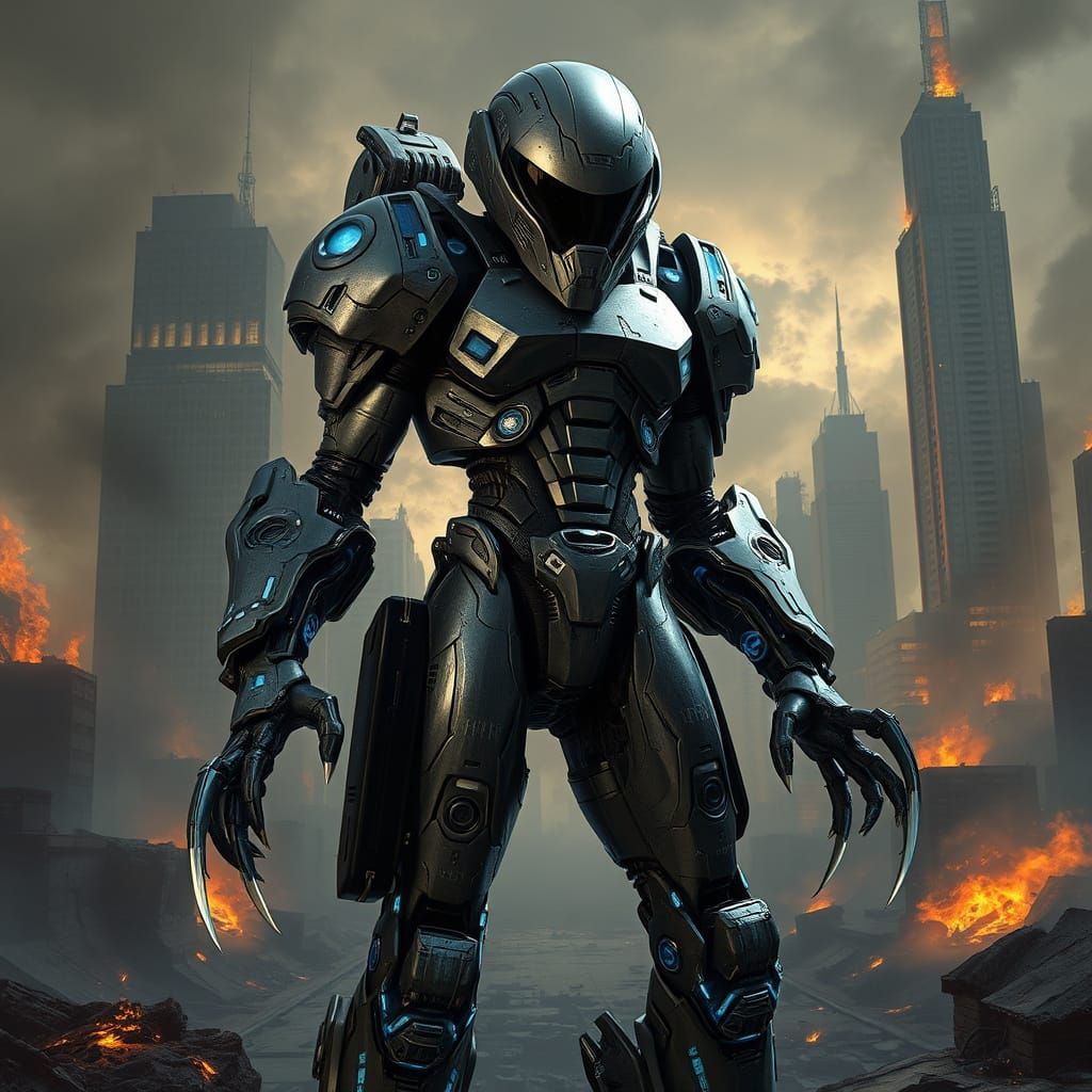 Advanced Exosuit in War-Torn Cityscape, Gritty Industrial St...