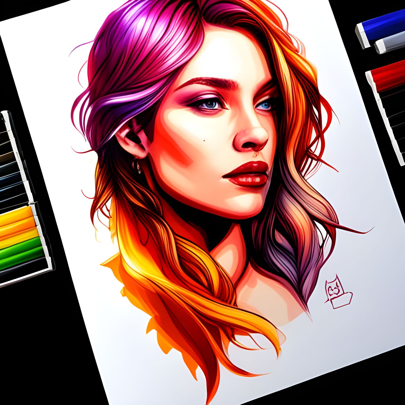 Beautiful Woman Portrait in Precisionism Ink Drawing