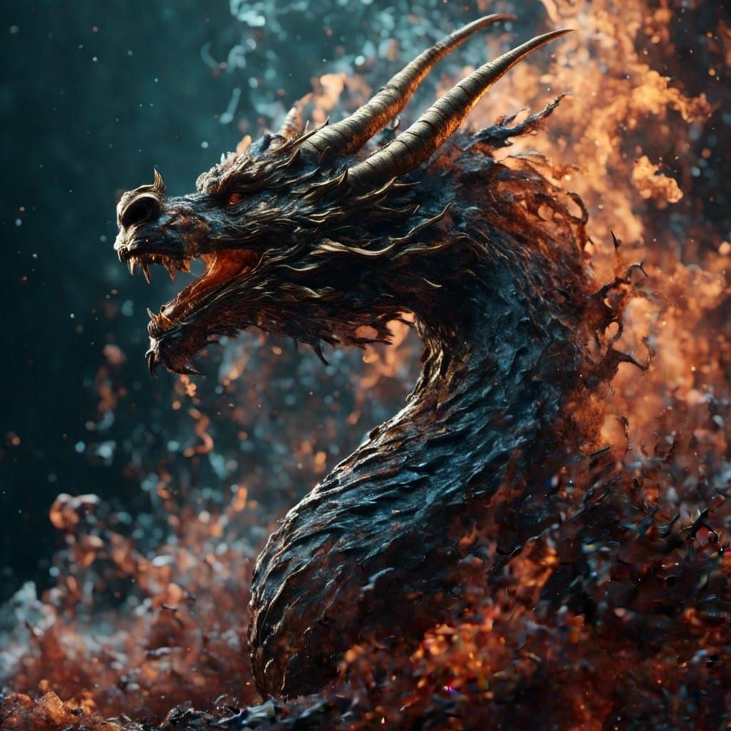 Bronze Dragon Engulfed in Smoke, Detailed Matte Painting
