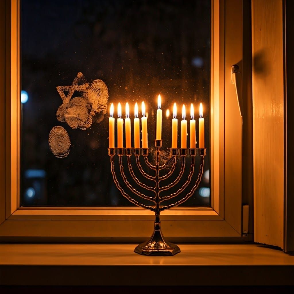 Hanukkah Menorah at Night in a Star of David Window Frame