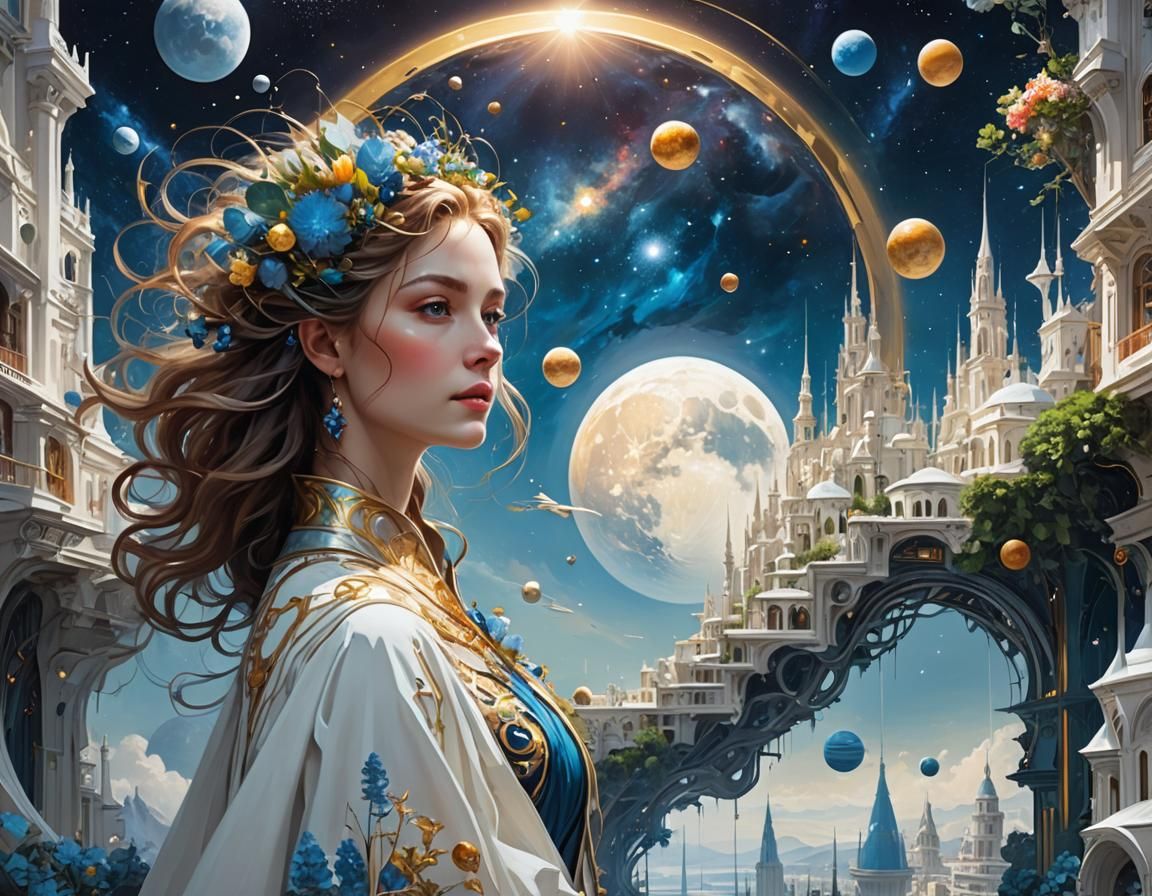 Cosmic City Integrated with Nature in Magical Realism Style