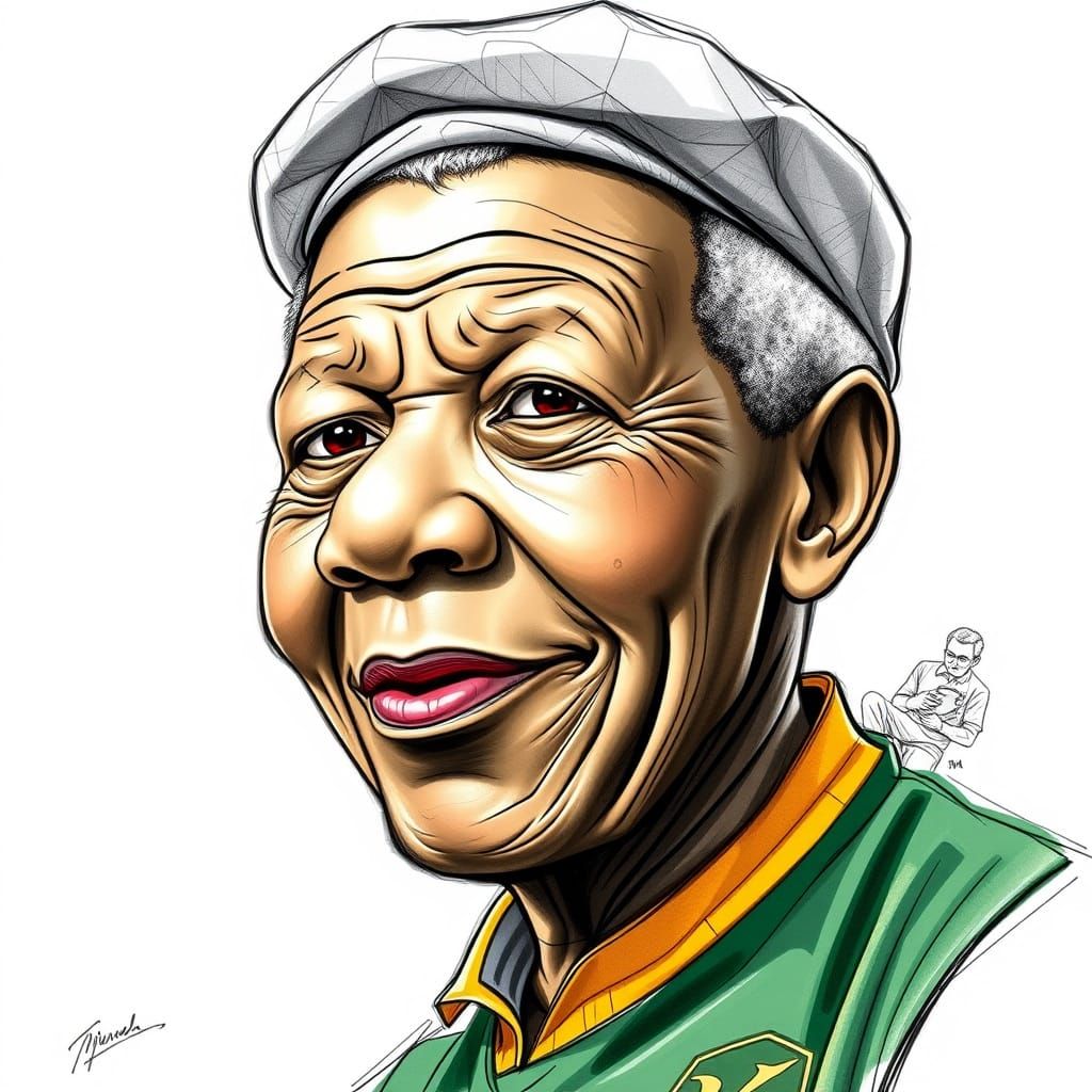 Nelson Mandela in Cubist Springbok Jersey Sketch