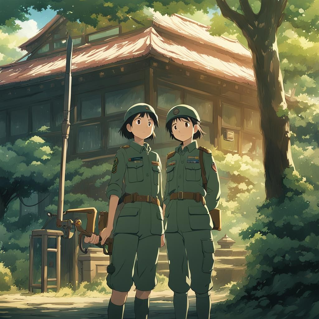 Anime Army Girl in Studio Ghibli Style