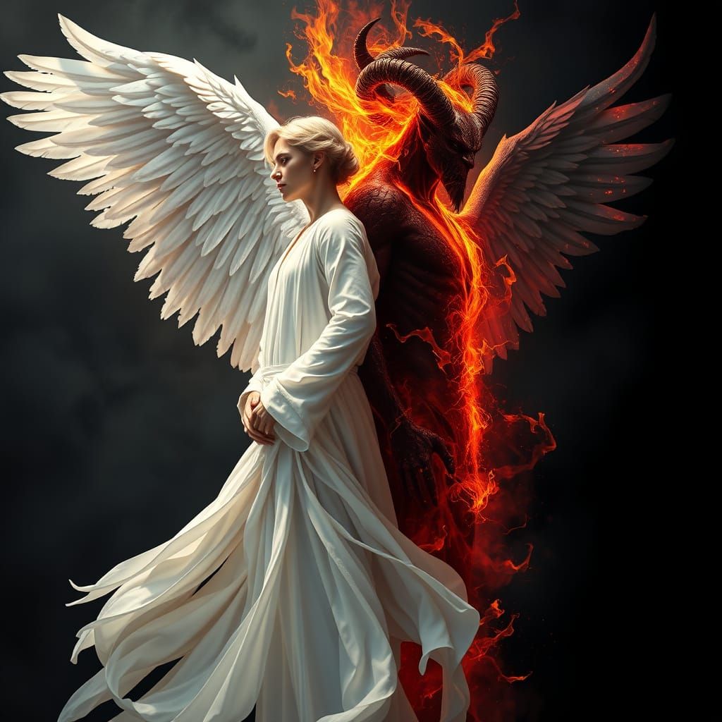 Angel and Demon Back to Back in Fantasy Art
