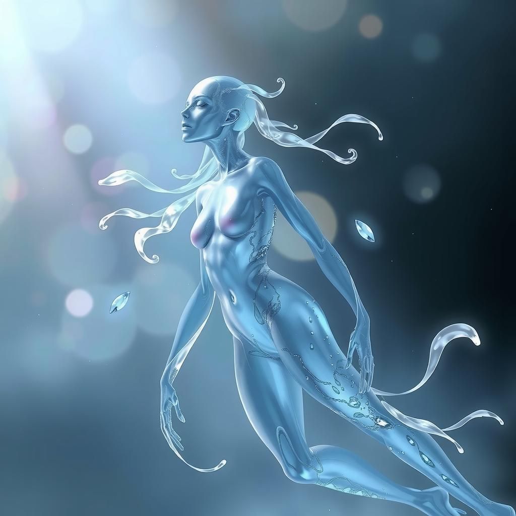 Iridescent Water Being in Dreamy Mist