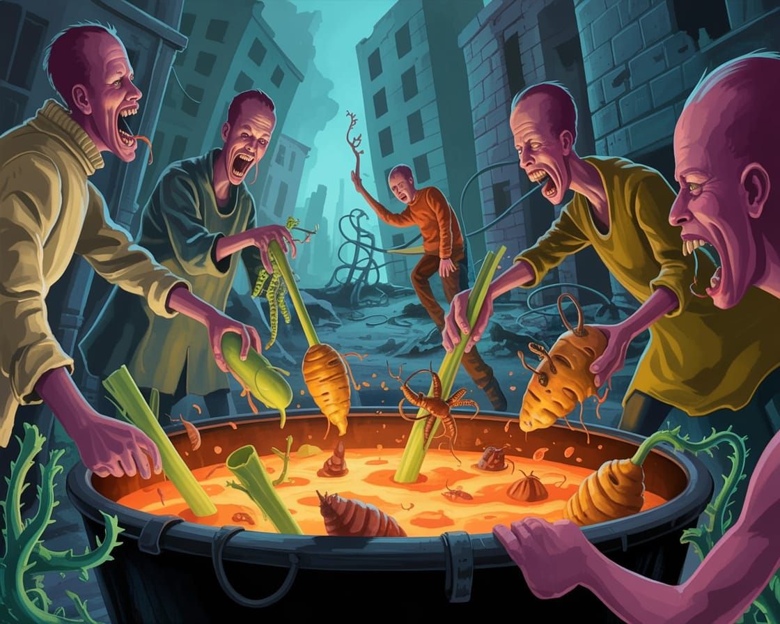 Grotesque Feast in Decaying Urban Landscape