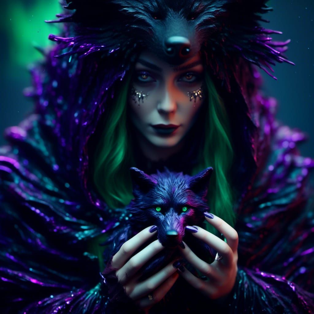 Enchanting Witch Portrait with Wolf Familiar