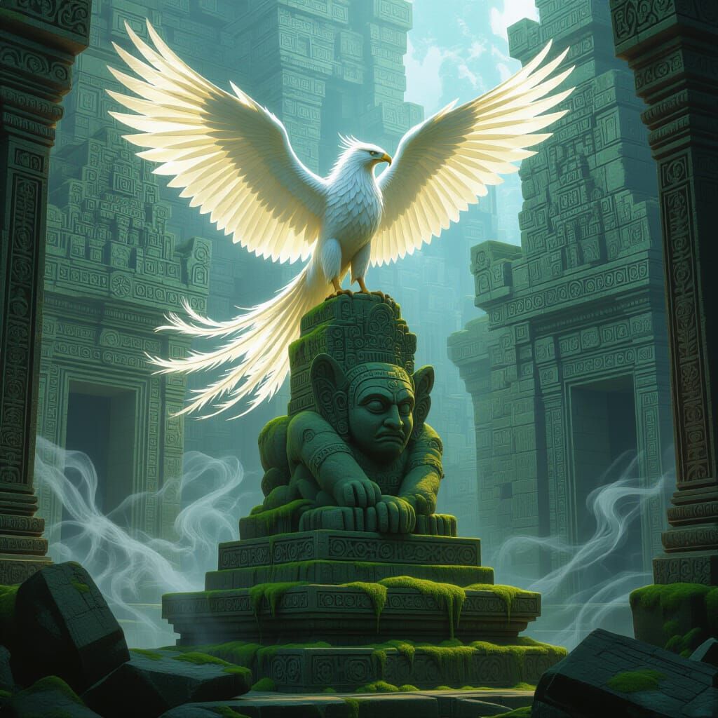 Majestic Griffin on Ancient Statue in Forgotten Temple