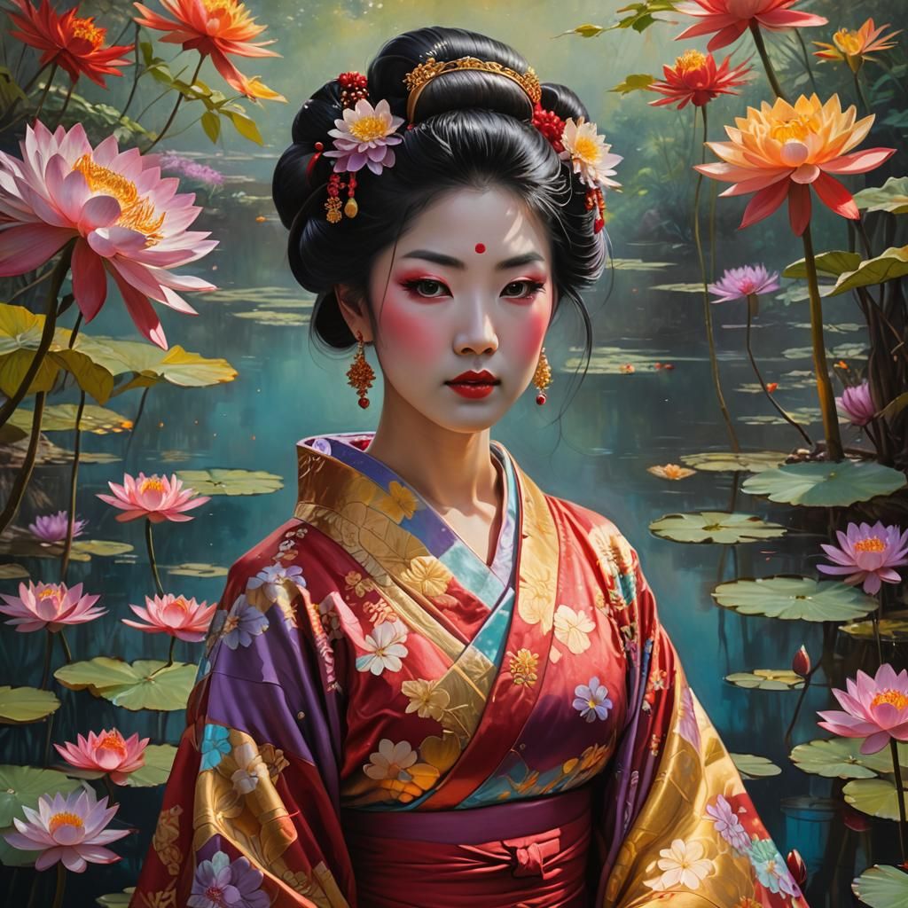 Geisha in Mirrored Reflection, Oil Painting