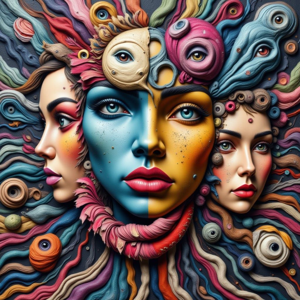 Surrealistic Faces in Vibrant Mixed Media