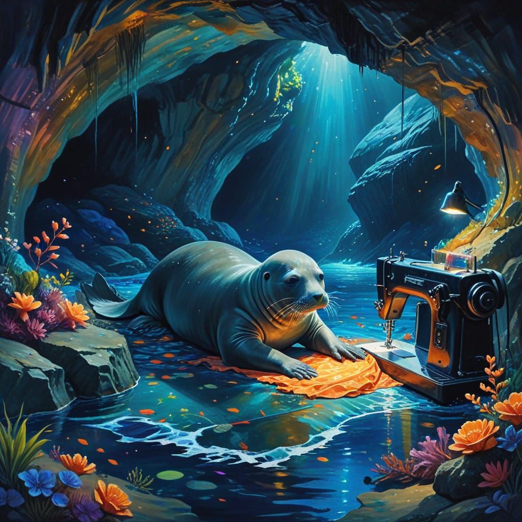 Monk Seal Sewing Elegant Dress in Underwater Cave Gouache Pa...