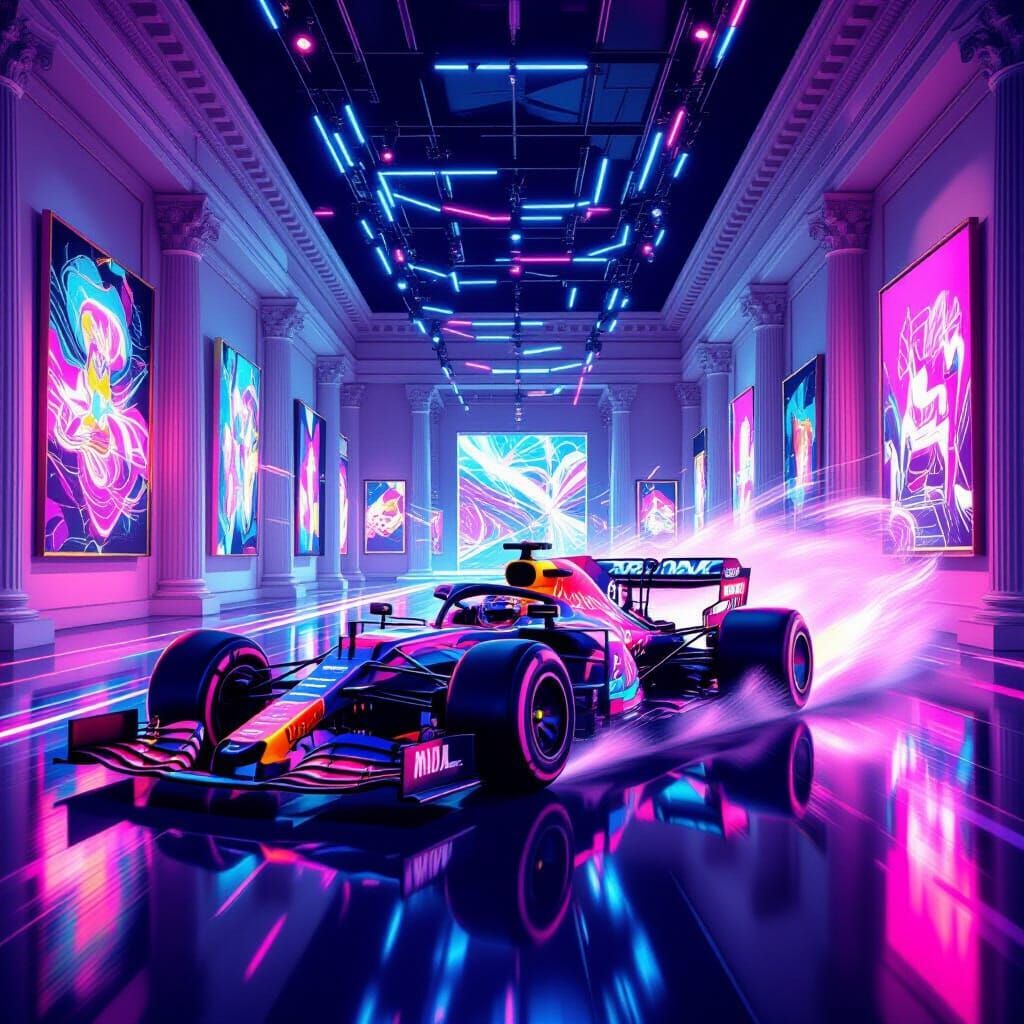 Formula 1 Car Drifting in a Neon Art Gallery