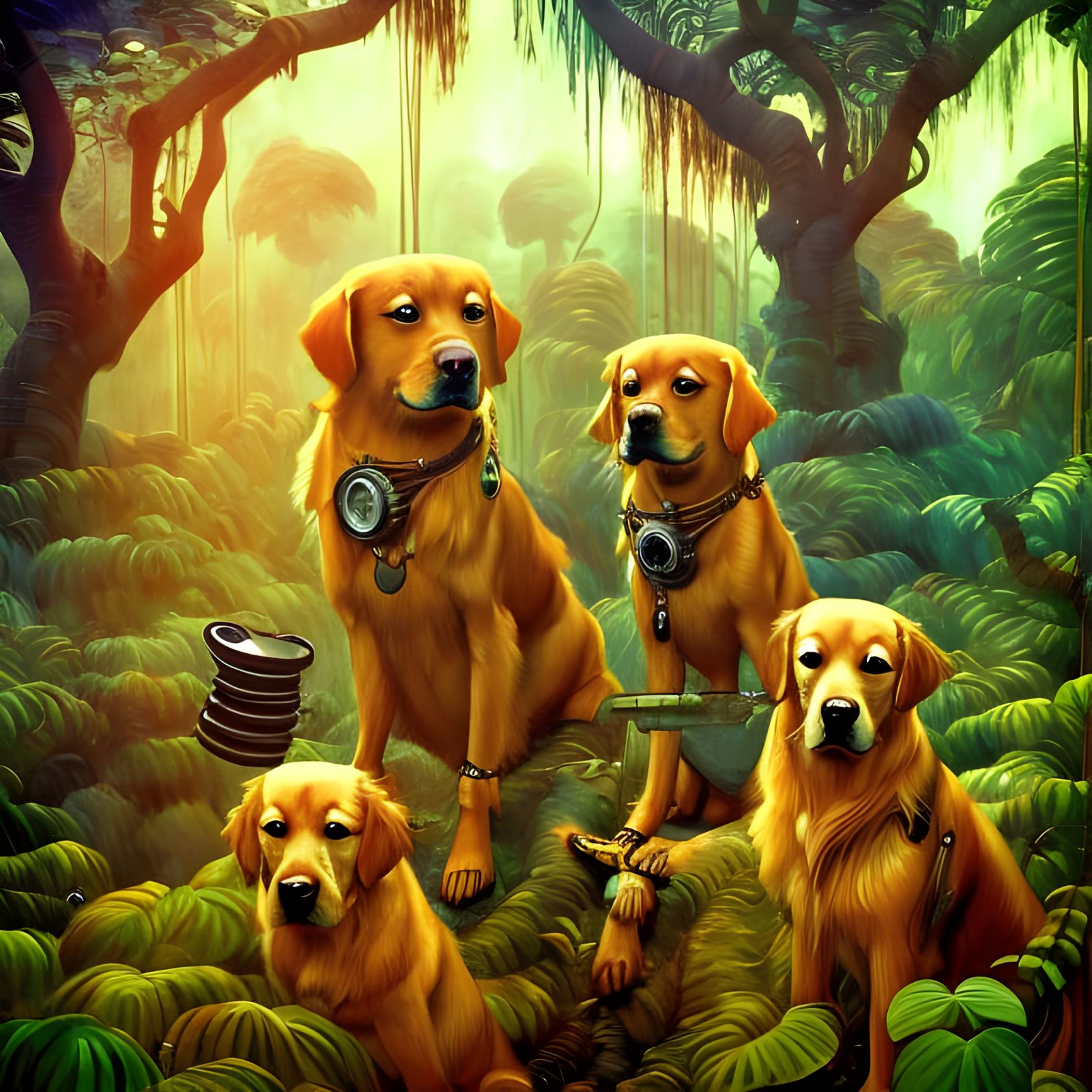Steampunk Golden Retrievers in Jungle Portrait