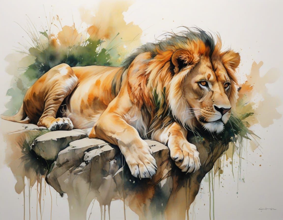 African Lion in Watercolour Style