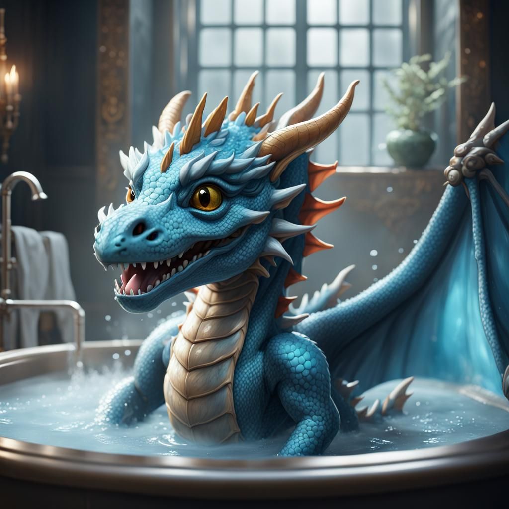 Light Blue Dragon Baby Bathing: Fantasy Art