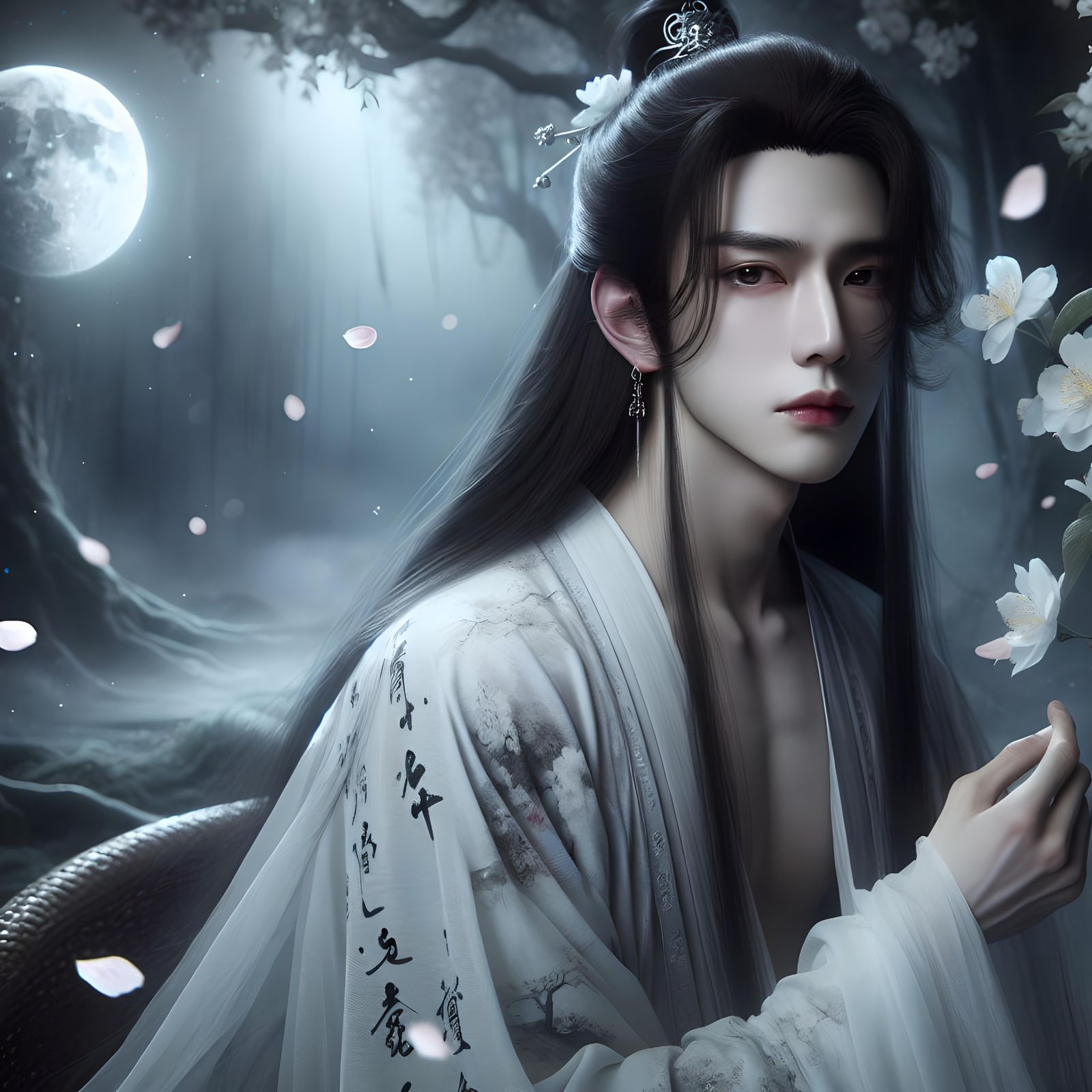 Ethereal Chinese Man in Moonlit Jungle, Rococo Style