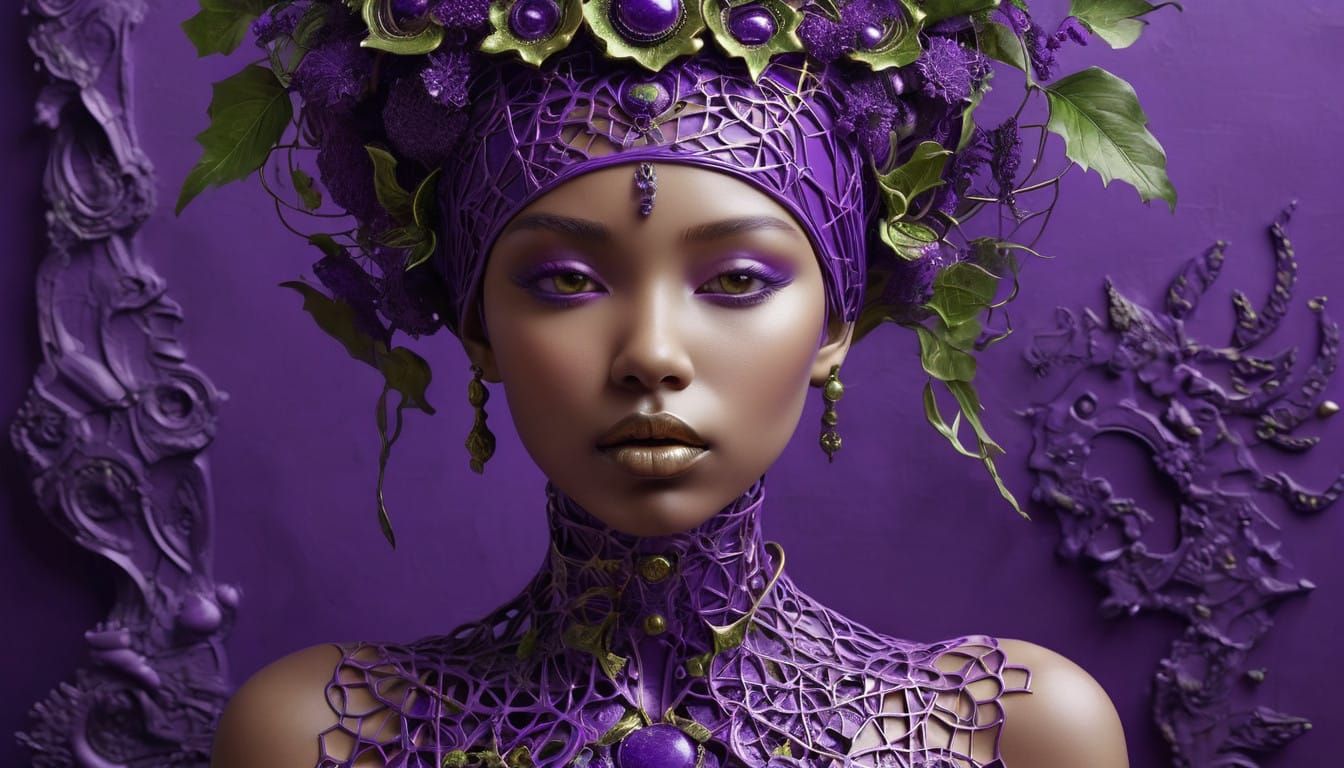 Ethereal Purple Goddess with Biomechanical Headdress and Geo...