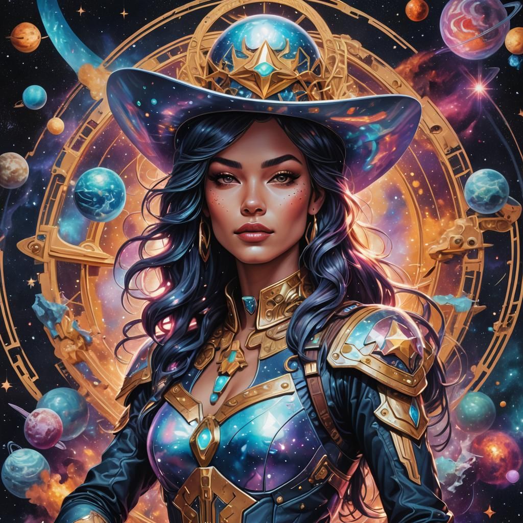 Holographic Space Cowgirl in Mixed Media Style
