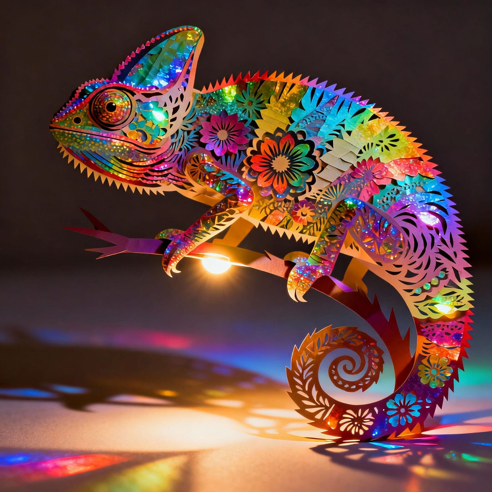 Psychedelic Kirigami Chameleon with Floral Tessellations
