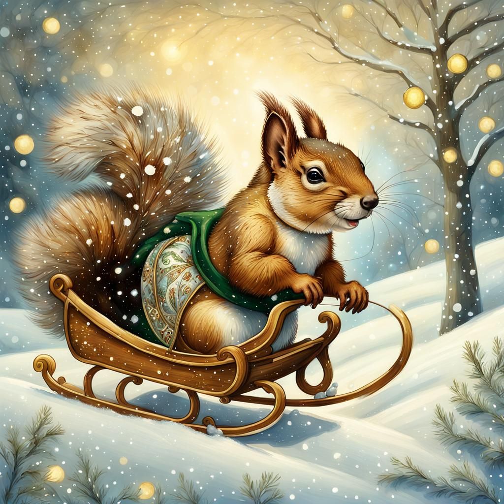 Whimsical Christmas Squirrel in Festive Fantasy Landscape
