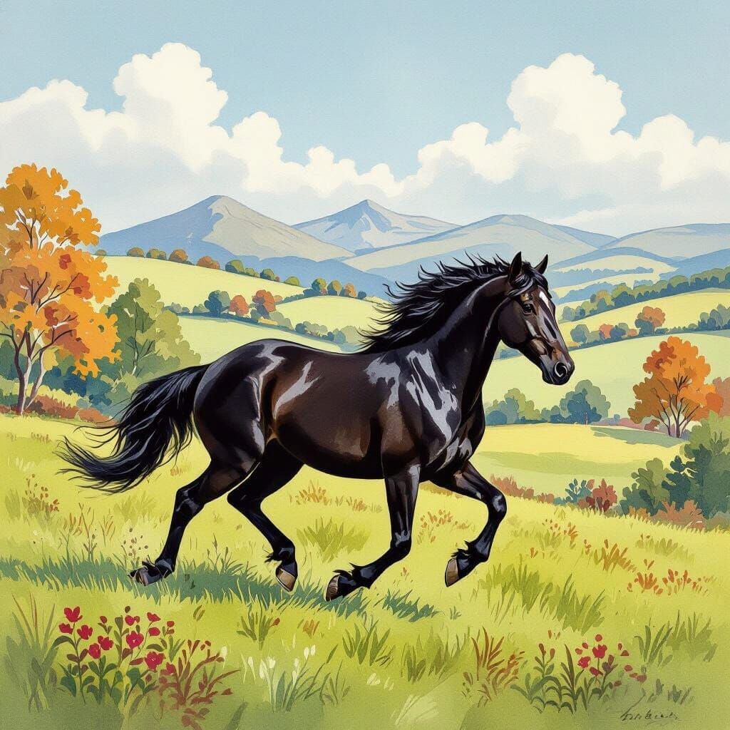 Black Horse Gallops Through Field in Watercolor Style