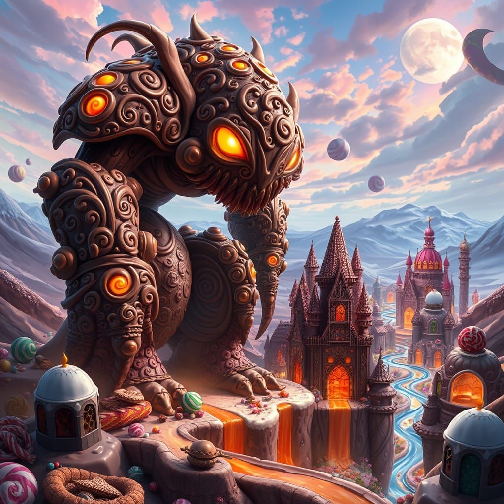 Chocolate Golem Guarding Candy City in Dreamlike Landscape