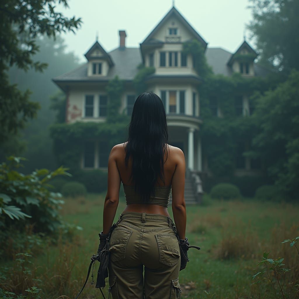 Figure in Camping Gear Gazing at Abandoned Forest House