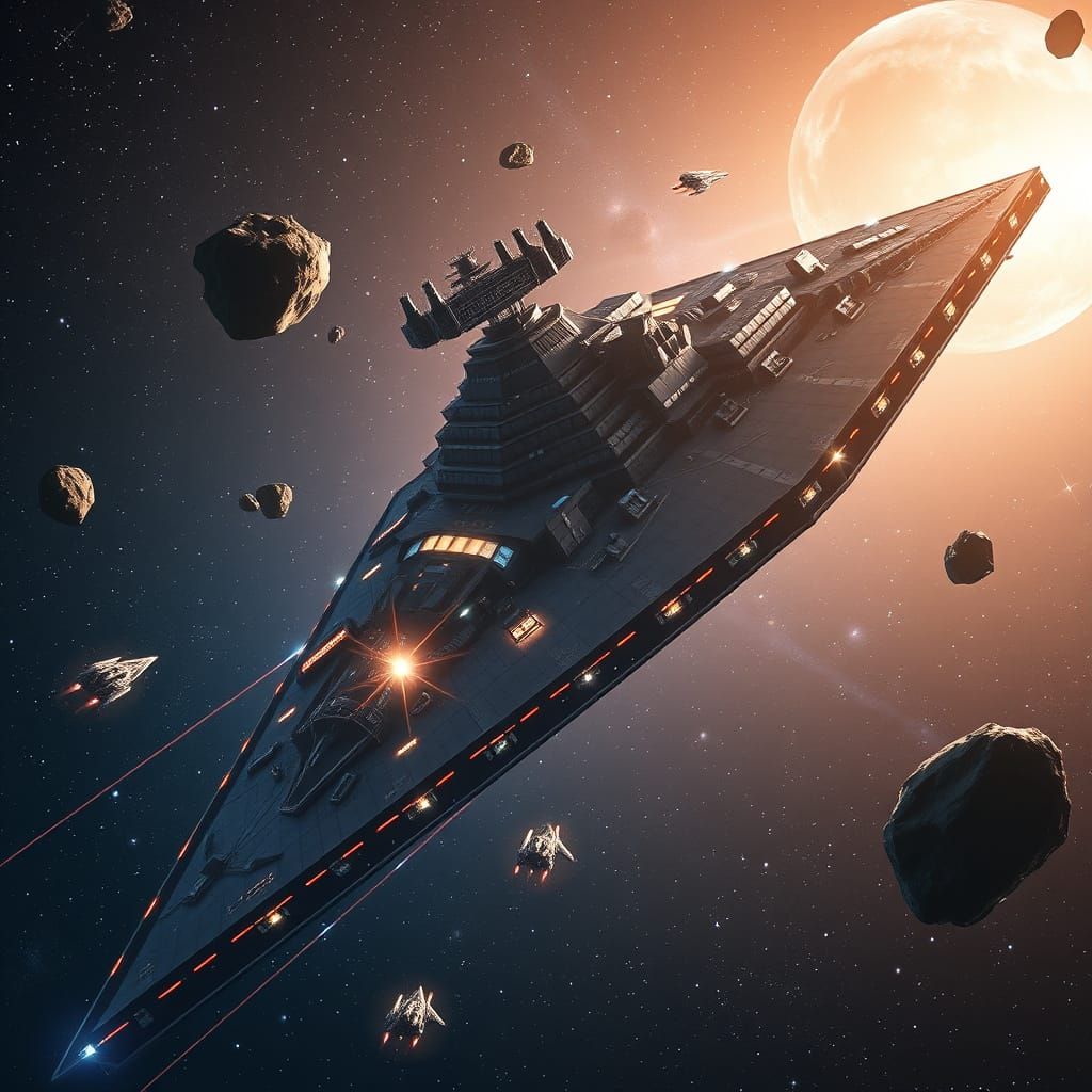 Colossal Star Destroyer Spaceship with Asteroids in Galaxy