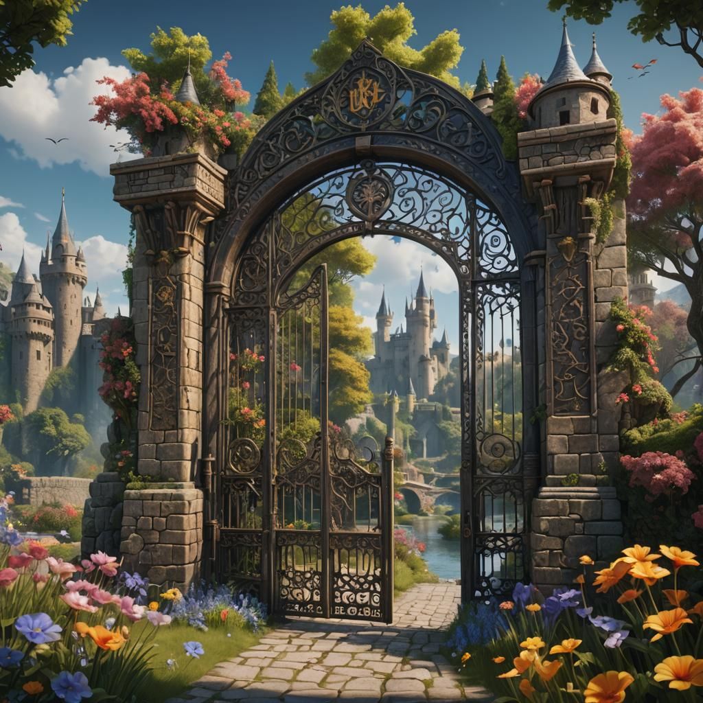 Castle Gate with Gardens and Rivers in Detailed Matte Painti...